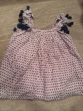 Girls Pink Printed Tank with Navy Tassel Straps